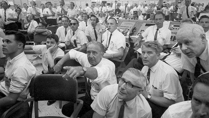 Saturn blockhouse personnel at Launch Complex 37 during the liftoff of SA-3 include Center Director Kurt Debus and Wernher von Braun (foreground). Credit: NASA