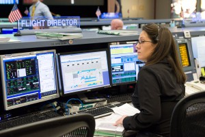 ISS flight director Emily Nelson monitors data at her console in the space station flight control room in the Mission Control Center at NASA's Johnson Space Center during STS-132/ULF-4 mission flight day five activities.
