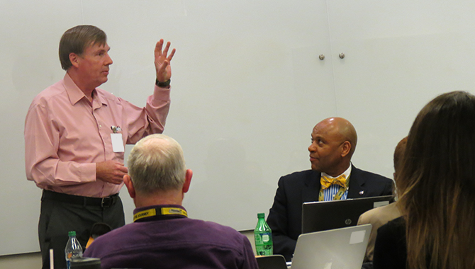 James Van Laak talks with Training Specialist Travis Millner and participants in APPEL’s Foundations of Aerospace at NASA course about some of his experiences during his successful career at the agency. Photo Credit: NASA APPEL/Donna Wilson