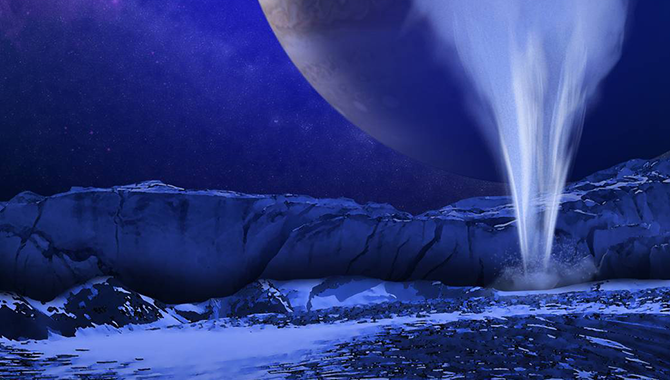 Artist’s concept of a water vapor plume shooting from Europa’s surface. Recently selected science instruments for the Europa mission include a “plume hunter” that will help determine the location, activity, and contents of Europa’s mysterious plumes. Image Credit: NASA/ESA/K. Retherford/SWRI