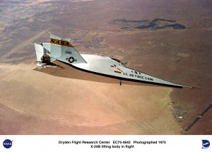 The X-24B, the last aircraft to fly in the NASA-Air Force lifting body program, is seen here in flight above Rogers Dry Lake. Photo Credit: NASA