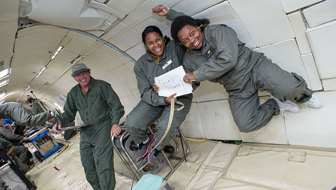 From left to right, Jim Wagner, Rochelle May, and Nancy Hall are on the Zero-G Corp 727, a reduced gravity aircraft where experimental hardware is tested in a microgravity environment. The aircraft flies in parabolic arcs to generate 20-30 seconds of weightlessness. Photo Credit: NASA / Robert Markowitz