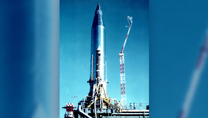 The Atlas B on the launch pad. The SCORE communication package was housed in the rocket’s fairing pods. Photo Credit: USAF