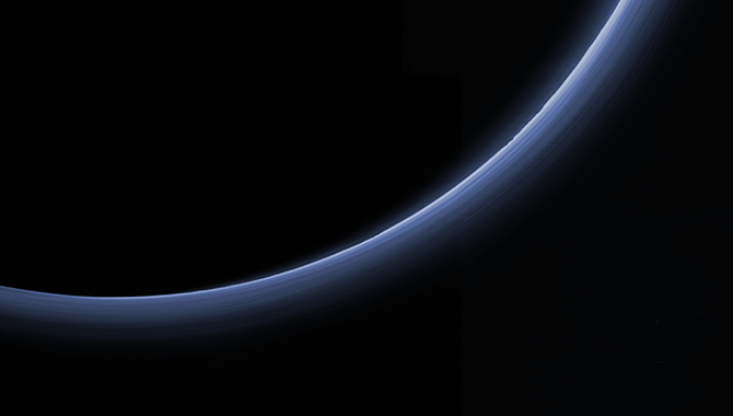The haze layers in Pluto’s atmosphere are visible in this picture constructed from a combination of four panchromatic images taken by New Horizons’ Long Range Reconnaissance Imager (LORRI), adjusted with four-color filter data from the spacecraft’s Ralph/Multispectral Visible Imaging Camera (MVIC). The photographs were taken during the flyby on July 14, 2015. Photo Credit: NASA/JHUAPL/SwRI