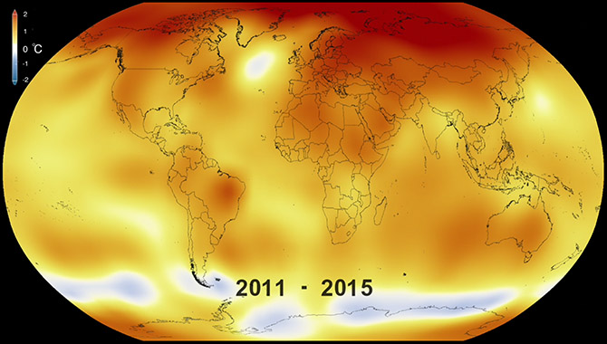 This image portrays the 5-year average global surface temperatures from 2010 through 2015. Higher temperatures than normal are shown in red while lower-than-normal temperatures are indicated in blue. Image Credit: NASA/Goddard Space Flight Center Scientific Visualization Studio