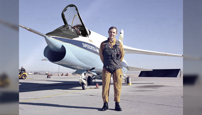 Project pilot Thomas McMurtry stands in front of the F-8 SCW in 1972. Photo Credit: NASA