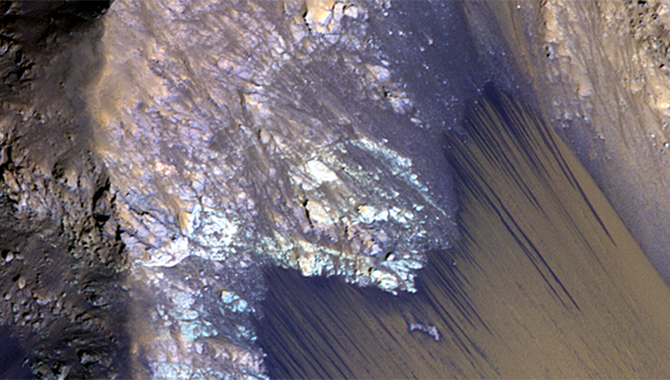 This image depicts seasonal water flows, known as recurring slope lineae (RSL), on a steep slope of the Valles Marineris on Mars. The presence of water, such as RSL, qualifies a Martian region as "uncertain" or "special," indicting the potential for terrestrial organisms to proliferate. Photo Credit: NASA/JPL/University of Arizona