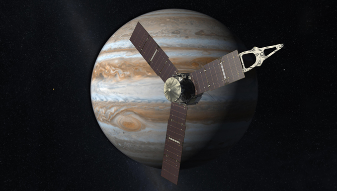 This artist’s concept depicts the Juno spacecraft and its target, Jupiter. The mission will provide new insight into the formation and evolution of the gas giant as well as the solar system overall. Image Credit: NASA/JPL