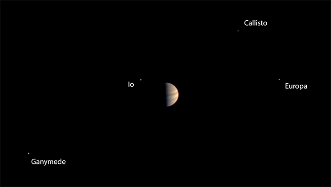 On its final approach to Jupiter, Juno passed the gas giant’s Galilean moons: first Calisto, then Ganymede, then Europa, and finally Io. This image of the four satellites was taken by the spacecraft’s JunoCam before the science instruments were turned off for the Jupiter orbit insertion maneuver. Image Credit: NASA/JPL-Caltech/SwRI/MSSS