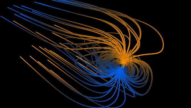 Stereoscopic visualization depicting a simple model of Earth’s magnetic field, which helps shield the planet from solar particles. Solar wind stretches the field back, away from the sun. Image Credit: NASA/Goddard Space Flight Center Scientific Visualization Studio