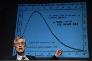  Dr. Mather shows some of the earliest data from the COBE mission during a press conference held on Oct. 6, 2006, at NASA Headquarters. Photo Credit: NASA/Bill Ingalls