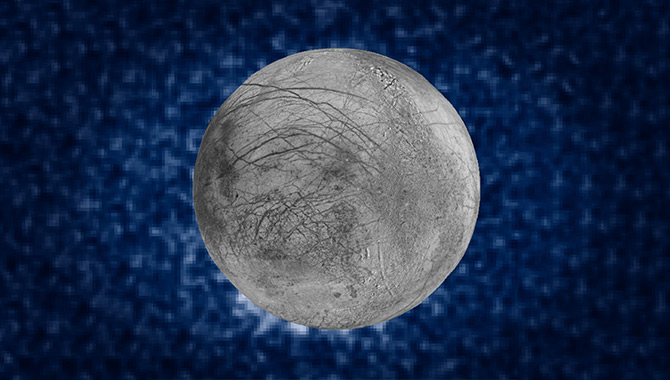 On January 26, 2014, the Hubble Space Telescope Imaging Spectrograph (STIS) instrument captured this image suggesting plumes of water vapor emerging from the southern region of Jupiter’s satellite Europa. An image of Europa, based on data from the Galileo and Voyager missions, is superimposed over the Hubble image. Image Credits: NASA/ESA/W. Sparks (STScI)/USGS Astrogeology Science Center