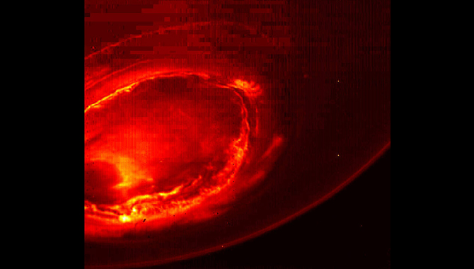 The Jovian Infrared Auroral Mapper (JIRAM) camera, one of the instruments on the Juno spacecraft, captured this novel view of Jupiter’s southern aurora during the mission’s first flyby of the gas giant on August 27, 2016. Photo Credit: NASA/JPL-Caltech/SwRI/ASI/INAF/JIRAM
