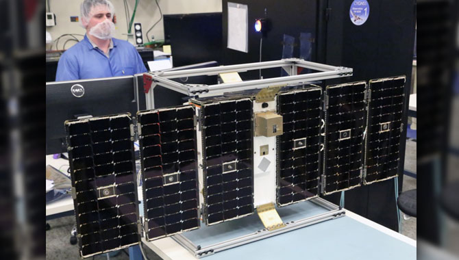 A CYGNSS satellite under construction in the lab. Photo Credit: University of Michigan