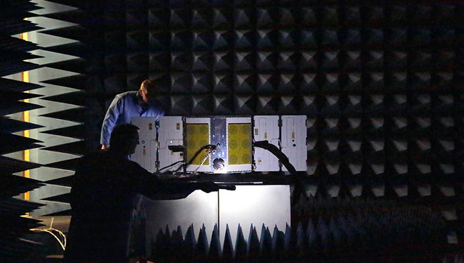One of the CYGNSS microsatellites undergoes environmental testing in a radio frequency anechoic chamber at the Southwest Research Institute, San Antonio, TX. Photo Credit: Southwest Research Institute