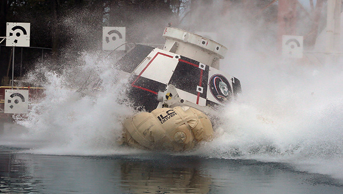 In February 2016, engineers from Langley Research Center (LaRC) and Boeing tested the performance of the CST-100 Starliner, which is being developed for the Commercial Crew Program, in water. Although the capsule is designed to land on the ground, the test article was dropped into LaRC’s Hydro Impact Basin to assess its performance in the event of an emergency water-based landing