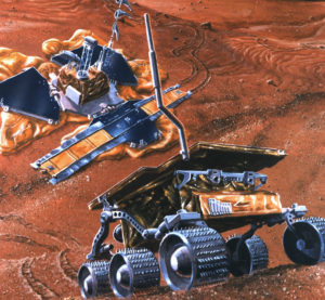 Illustration of the Pathfinder lander and Sojourner rover on the surface of Mars. 