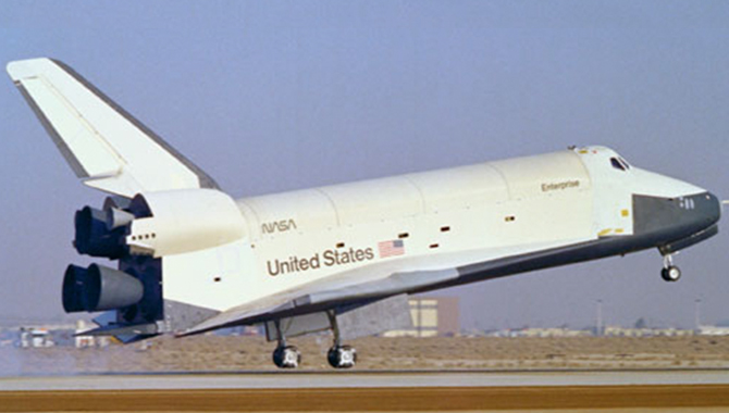 On October 26, 1977, as the space shuttle prototype Enterprise landed during the final ALT free-flight test, it bounced on the runway due to unexpected pilot-induced oscillation that resulted from a problem with the shuttle’s flight control computer. Credit: NASA