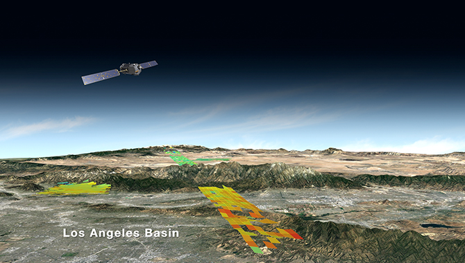 NASA’s OCO-2 satellite flies around the globe taking approximately 100,000 measurements of CO2 concentrations each day. This illustration depicts an OCO-2 data collection over the Los Angeles Basin. Credit: NASA/JPL-Caltech