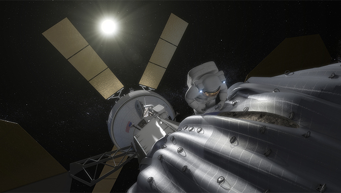 This concept image shows an astronaut preparing to take samples from the captured asteroid after it has been relocated to a stable orbit in the Earth-moon system. Hundreds of rings are affixed to the asteroid capture bag, helping the astronaut carefully navigate the surface.