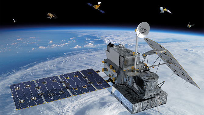 A visualization of the Global Precipitation Measurement (GPM) Core Observatory satellite and partner satellites. The GPM mission, initiated by NASA and JAXA, comprises a consortium of U.S. and international space agencies, including the Centre National d’Études Spatiales (CNES); U.S. Department of Defense, Defense Meteorological Satellite Program (DMSP); European Organisation for the Exploitation of Meteorological Satellites (EUMETSAT); Indian Space Research Organisation (ISRO); and the U.S. National Oceanic and Atmospheric Administration (NOAA). The satellites pictured here are expected to form the GPM satellite constellation. Image Credit: NASA