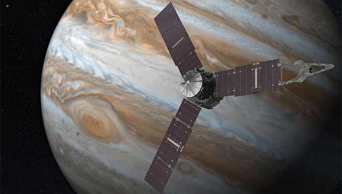 Artist’s rendering of Juno spacecraft approaching Jupiter. Image Credit: NASA/JPL-Caltech