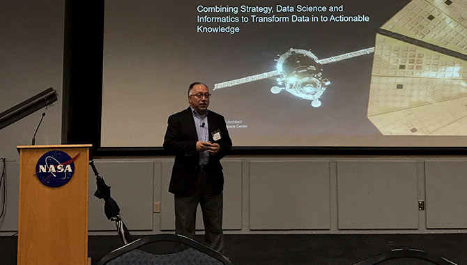 David Meza presents at JSC Data Science Day 2.0 in April 2017. Photo Credit: NASA