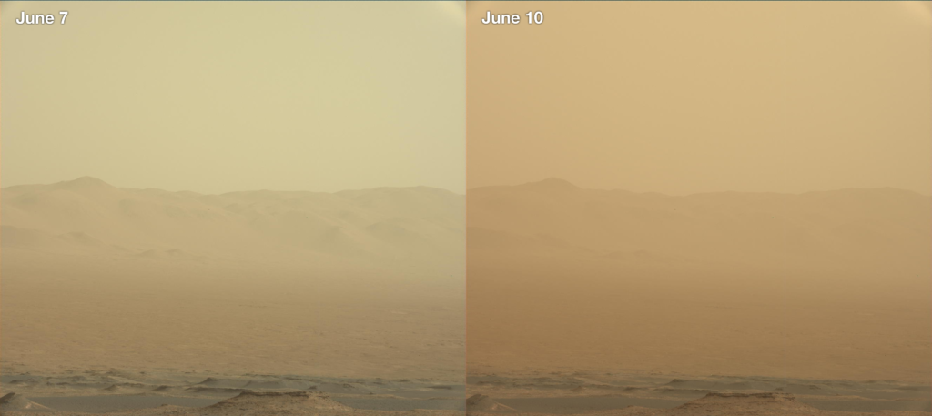 This view from NASA’s Curiosity rover shows the dramatic thickening of dust in just 3 days.