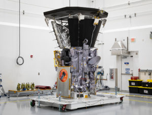 The Parker Solar Probe sits in a clean room.
