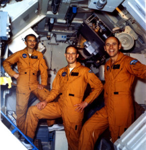 The crewmembers of Skylab 3: astronaut Alan L. Bean, foreground, commander; scientist-astronaut Owen K. Garriott, left, science pilot; and astronaut Jack R. Lousma, pilot. This crew spent 59 days and 11 hours in orbit.