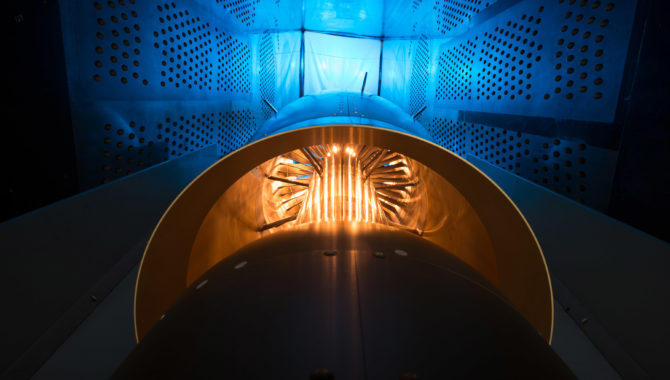 Inside the 8' x 6' wind tunnel at NASA Glenn, engineers recently tested a fan and inlet design, commonly called a propulsor, which could use four to eight percent less fuel than today's advanced aircraft.