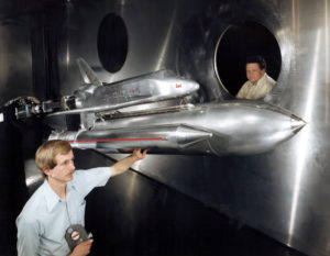 William H. Gerstenmaier, now Associate Administrator of NASA’s Human Exploration and Operations Mission Directorate, examines a model of the Space Shuttle in the wind tunnel at Lewis Research Center in Cleveland, earlier in his career. Credit: NASA, 1978