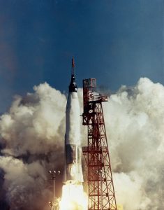 The launch of the MA-6, Friendship 7, on February 20, 1962. Boosted by the Mercury-Atlas vehicle, a modified Atlas Intercontinental Ballistic Missile (ICBM), Friendship 7 was the first U.S. manned orbital flight and carried Astronaut John H. Glenn into orbit. Credit: NASA