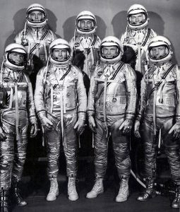 The group portrait of the original seven astronauts for the Mercury Project. Left to right at front: Walter M. Wally Schirra, Donald K. Deke Slayton, John H. Glenn, Jr., and Scott Carpenter. Left to right at rear: Alan B. Shepard, Virgil I. Gus Grissom, and L. Gordon Cooper, Jr. Credit: NASA