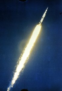 This photograph shows an early moment of the first test flight of the Saturn V vehicle for the Apollo 4 mission, photographed by a ground tracking camera, on the morning of November 9, 1967. Credit: NASA