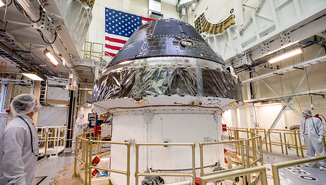 On the 50th anniversary of the Apollo 11 Moon landing, NASA unveiled the completed Orion crew capsule for the Artemis 1 mission. Credit: NASA