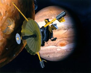 Artist concept of Galileo encountering Io during its Jupiter approach. Credit: NASA/JSC
