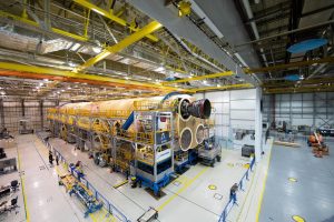 Earlier this year, engineers and technicians at NASA’s Michoud Assembly Facility in New Orleans structurally mated the first of four RS-25 engines to the core stage for NASA’s Space Launch System rocket that will help power the first Artemis mission to the Moon.<br /> Credit: NASA/Jude Guidry