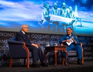 Retired U.S. Air Force Honorary Brigadier General Charles McGee, left, speaks with NASA astronaut Alvin Drew during a Black History Month program titled “Trailblazers, The Story of a Tuskegee Airman,” Wednesday, Feb. 5, 2020, at NASA Headquarters in Washington, DC. Credit: NASA/Joel Kowsky