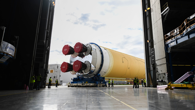SELP assignments have included working on the Space Launch System. Here, the massive SLS core stage is being moved at the Michoud Assembly Facility in Louisiana. Credit: NASA/Jude L. Guidry