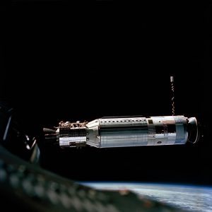 Closer view of the Agena Target Docking vehicle seen from the Gemini-8 spacecraft during rendezvous in space. Credit: NASA