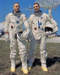Gemini-8 Astronauts Neil A. Armstrong, Command Pilot, and David R. Scott, Pilot, during a Photo Session for the Press outside Mission Control Center, Cape Kennedy, FLA. Credit: NASA