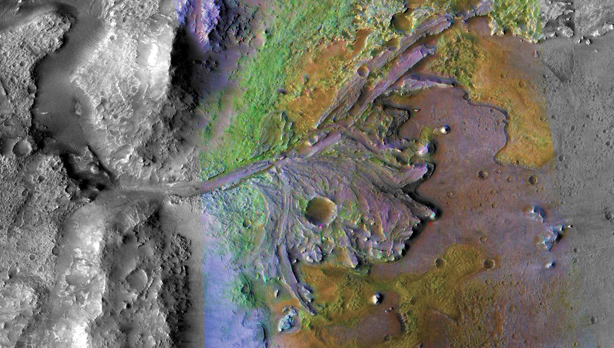 Jezero Crater in an image from NASA's Mars Reconnaissance Orbiter, showing water carved channels and deltas within the lake basin. Sediments appear to contain clays and carbonates. Credit: NASA/JPL-Caltech/ASU