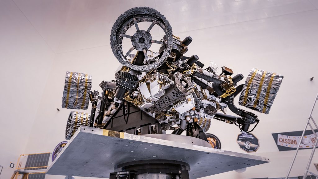 NASA's Perseverance rover attached to a spin table during a test of its mass properties at the Kennedy Space Center in Florida. The image was taken on April 7, 2020. Credits: NASA/JPL-Caltech