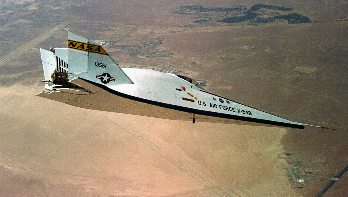 The X-24B over the Mojave Desert near Edwards Air Force Base. The aircraft’s unique shape earned it the nickname “Flying Flatiron.” Credit: NASA