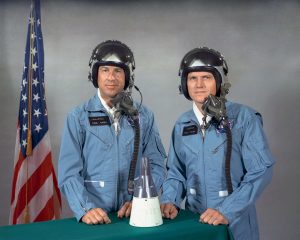Astronauts Frank Borman (right), command pilot, and James A. Lovell Jr., pilot, are the prime crew members for NASA's Gemini-Titan 7 (GT-7) mission. Credit: NASA