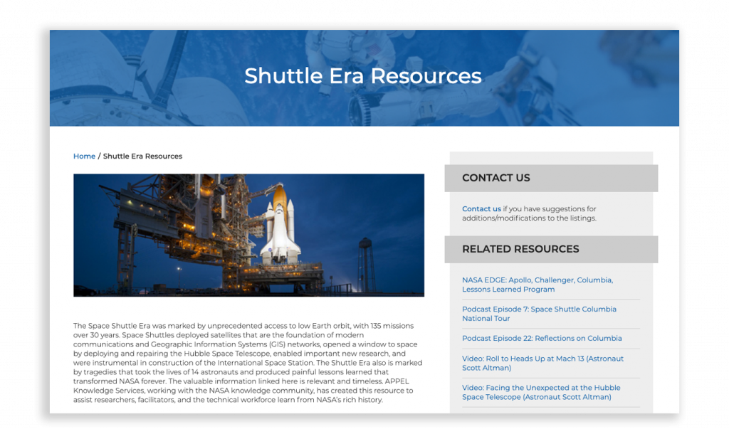 Shuttle Era Resources web page.  Credit: NASA APPEL Knowledge Services