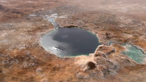 This illustration shows Jezero Crater as it may have looked billions of years ago on Mars, when it was a lake. <br /> Credit: NASA/JPL-Caltech
