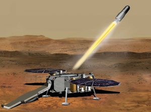 This illustration shows a concept of how the NASA Mars Ascent Vehicle, carrying tubes containing rock and soil samples, could be launched from the surface of Mars. Credit: NASA/JPL-Caltech 