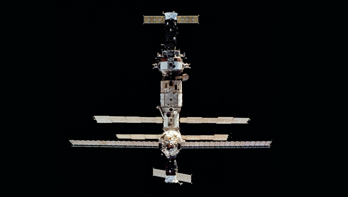 The Russian space station Mir as Space Shuttle Discovery pulls closer for the first rendezvous in a program that would eventually include nine docking missions. Credit: NASA/JSC